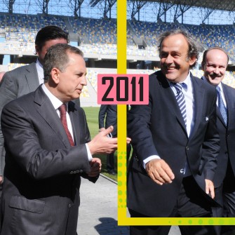 Есть где участвовать. Вице-премьер Борис Колеснико (слева) и президент УЕФА Мишель Платини осматривают стадион «Арена Львов». /Getty Images