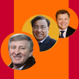 Зліва направо: Рінат Ахметов, Лакшмі Міттал, Костянтин Жеваго. 
Фото Getty Images/Наталля Кравчук/колаж Анна Наконечна