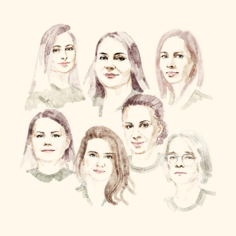 На фото. В верхнем ряду, слева – направо: Анна Гвоздяр, Екатерина Черногоренко, Наталья Кушнерская. В нижнем ряду, слева – направо: Людмила Дараган, Юлия Марушевская, Наталья Калмыкова, Марина Безрукова /иллюстрация Илья Колесник для Forbes Ukraine