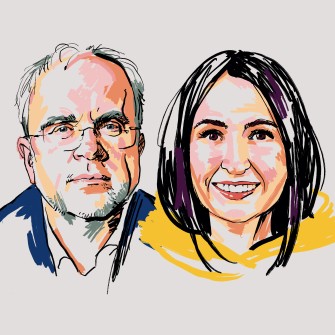 Олександр Комаров, CEO «Київстару» і Ірина Заславець, керівниця проєкту «Незламні». /ілюстрація Ілля Колесник для Forbes Ukraine