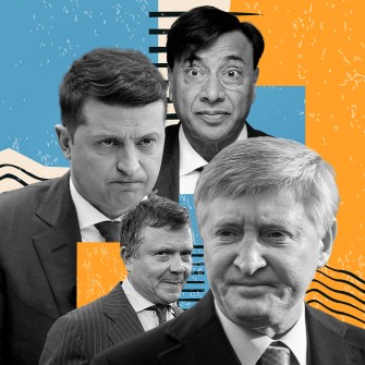 Владимир Зеленский, Лакшми Миттал, Константин Жеваго и Ринат Ахметов. Иллюстрация Анна Наконечная /Getty Images/Shutterstock