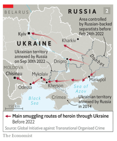 Мапа контрабандних шляхів героїну через Україну до 2022 року /Скріншот зі статті The Economist