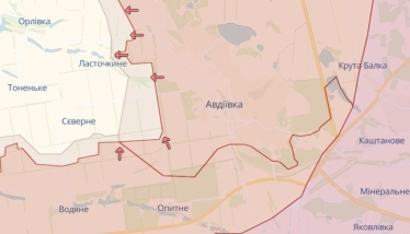 Фронт у районі Авдіївки. Білий колір – під контролем ЗСУ, помаранчевий – окуповані території з 24 лютого 2022-го, рожевий – окуповані території до 24 лютого 2024-го. /Deep State Map