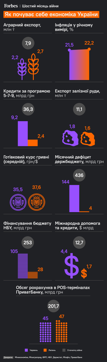 Дефіцит бюджету скоротився, “друкарський верстат” пригальмував, але це лише пауза. Що з економікою на шостому місяці війни. Інфографіка /Фото 1