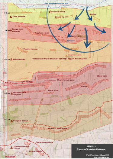 Линия обороны армии РФ на юге в направлении Токмака. /изображение Black Bird Group