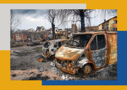 Житловий будинок з гаражем в Мощуні, зруйнований під час вторгнення Росії в Україну, 22 квітня 2022. /Фото Колаж Анна Наконечна