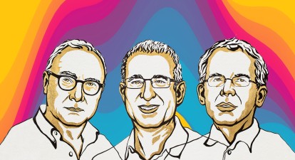 Слева направо: Девид Кард, Джошуа Ангрист, Гвидо Имбенс. Иллюстрация Ill. Niklas Elmehed © Nobel Prize Outreach / Shutterstock / Анна Наконечная