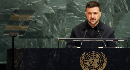 Володимир Зеленський під час виступу в Генасамблеї ООН. Вашингтон, 24 вересня 2025 року /Getty Images