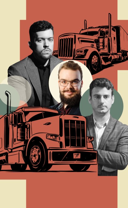 Основатели Cargofy Стах Возняк, Алекс Ковальчук, и Димитрис Алексиу. Иллюстрация Shutterstock/Анна Наконечная /из личного архива