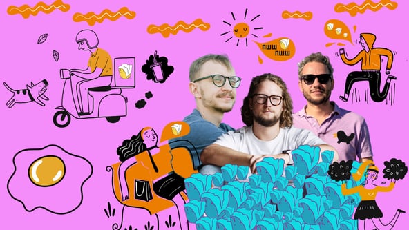 Засновники агентства Banda (зліва направо): Павло Вржещ, Єгор Петров і Ярослав Сердюк. Фото з особистого архіву / Ілюстрація Shutterstock / Анна Наконечна
