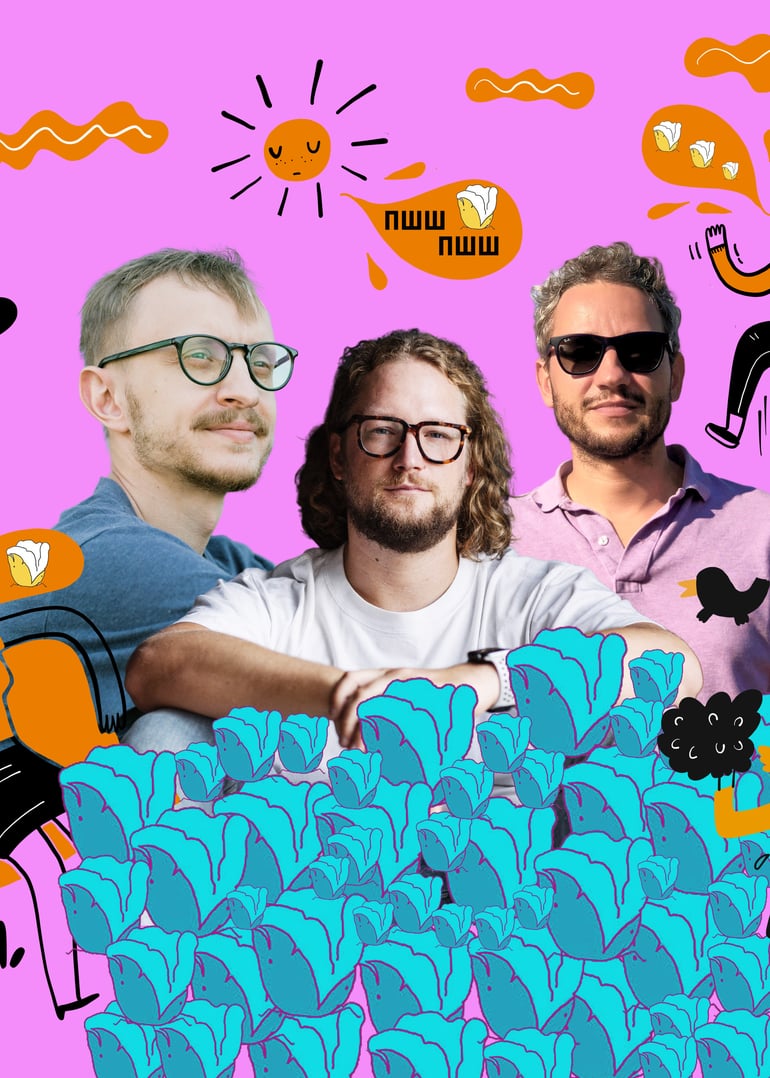 Засновники агентства Banda (зліва направо): Павло Вржещ, Єгор Петров і Ярослав Сердюк. Фото з особистого архіву / Ілюстрація Shutterstock / Анна Наконечна