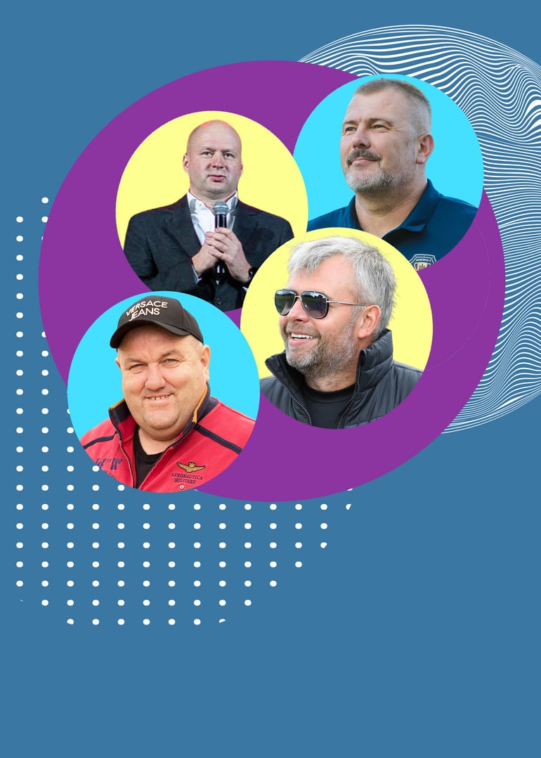 Олександр Поворознюк, власник «Інгулець», Іван Надєїн, власник «Вереса», Максим Береза, співвласник «Дніпро-1», Григорій Козловський, власник «Рух». Фото facebook.com/veres.club/з особистого архіву/УНІАН/Анна Наконечна