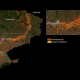 Спутниковые данные показывают красным незасеянные или заброшенные поля вдоль линии фронта, июль 2023 года. Фото: NASA Harvest